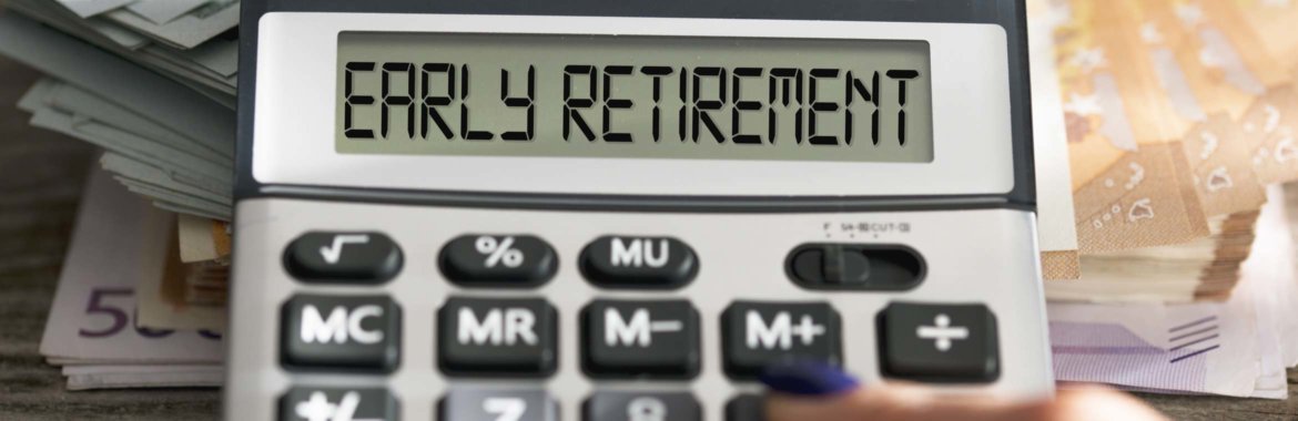 A woman punches up the message "Early Retirement" on a calculator.