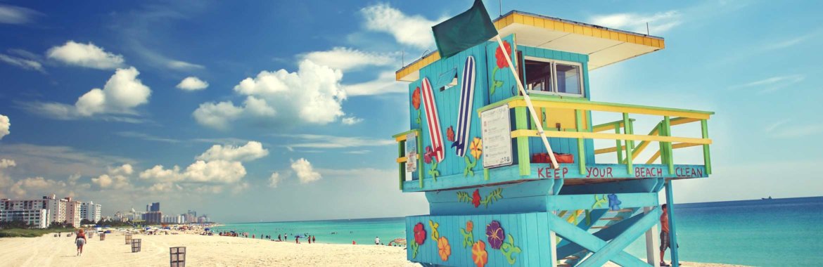 A colorful lifeguard stand overlooking the waters off Miami Beach.