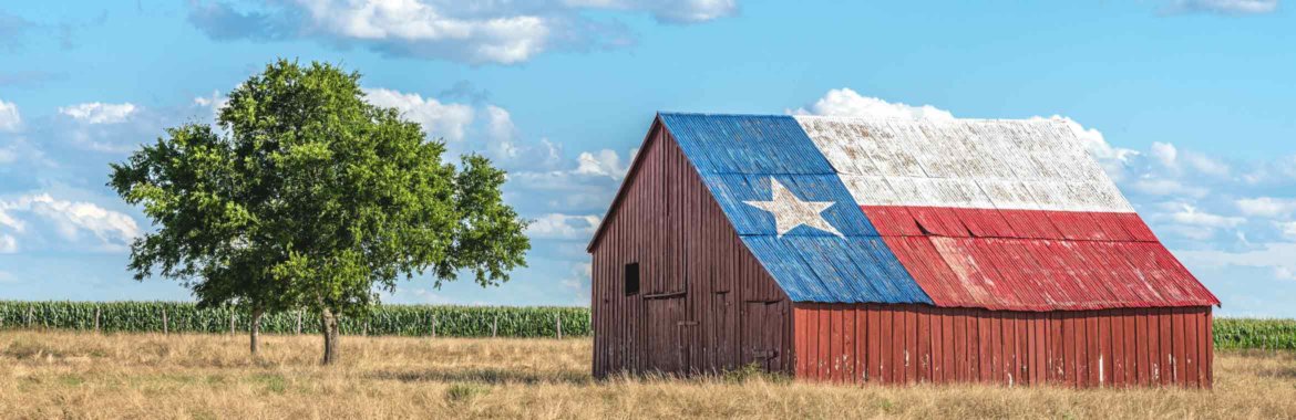 A barn on a Texas farm with the state flag painted on its roof.