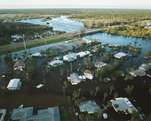 Aerial photo of flooded town.