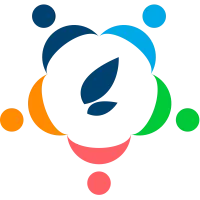 A stylized logo features a central black circle with a blue leaf design, surrounded by outward-facing colored circles: blue, cyan, green, orange, and red.