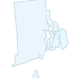 Outlined light blue map of Rhode Island, with some coastal indentations and islands visible.