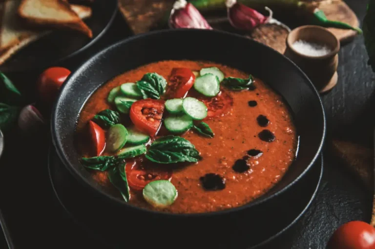 A bowl of gazpacho garnished with vegetables and herbs, an example of a healthy summer dinner recipe.